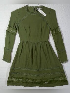 Alice + Olivia Janae Womens Silk Lace Trim A-Line Dress Green Sage Sz 0 NWT $440